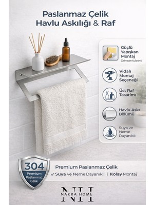 Nakra Home Raflı Havlu Askılığı Paslanmaz Çelik Yapışkanlı Vidalı Banyo Raflı Havluluk