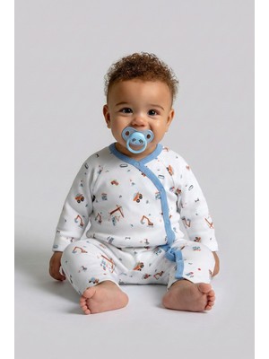 %100 Pamuk Mavi Biye Detaylı Kruvaze Yaka Çıtçıtlı Bebek Tulumu