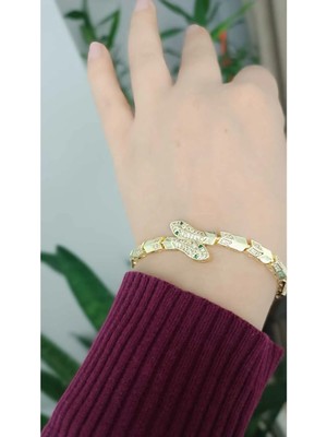 316L,ÇELIK Zirkon Taşlı Yılan Figürlü Gold Renk Çelik Bileklik – Şık ve Zarif Kadın Bilezik