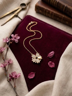 Meneva Aksesuar 2’si 1 Arada Mıknatıslı Açılabilir Altın Gold Renk Çiçek Buketi Çelik Kolye