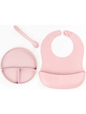 EkoAlışverişDünyam Pembe 3’lü Silikon Yemek Seti – Önlük + Diş Kaşıyıcılı Kaşık + Vakumlu Tabak