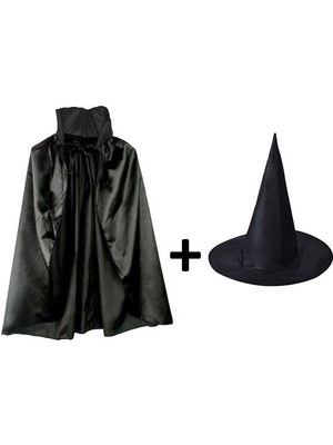 EkoAlışverişDünyam Siyah Yakalı Pelerin ve Siyah Cadı Şapkası Seti Çocuk Boy