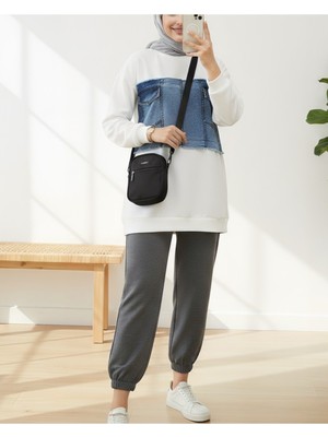 Modamorfo Yuvarlak Yaka Önü Kot Cep Detaylı Sweat -Beyaz