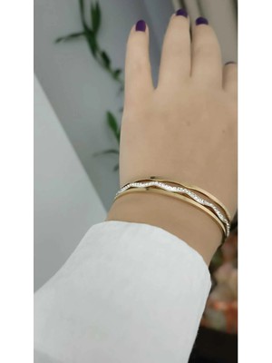 Çelik Kararma Yapmaz Gold Özel Tasarım 2 Adet Taşlı Zigzag Bilezik