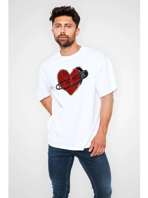 Giyim Center Erkek Bisiklet Yaka Baskılı  Kısa Kol Oversize T-Shirt - Beyaz