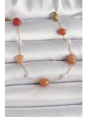 Azrlya 316L Çelik Gold Renk Zincir Turuncu Doğaltaş Model Inci Detay Kadın Bileklik - TJ-BB6603