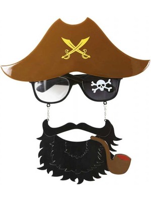 Azrlya Kahve Renk Şapkalı Siyah Sakallı Pipolu Jack Sparrow Denizci Korsan Gözlüğü 24X25 cm