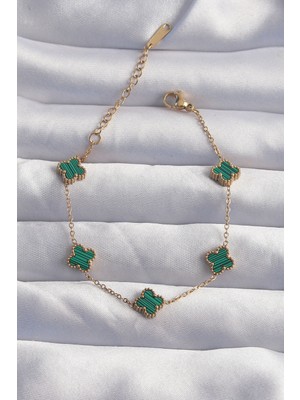 Azrlya 316L Çelik Baby Boy Gold Renk Çizgili Yeşil Mineli Yonca Bileklik - TJ-BB6271