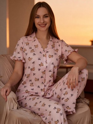 Noches Kadın Kısa Kol Boydan Düğmeli Ince Bürümcük Pijama Takım