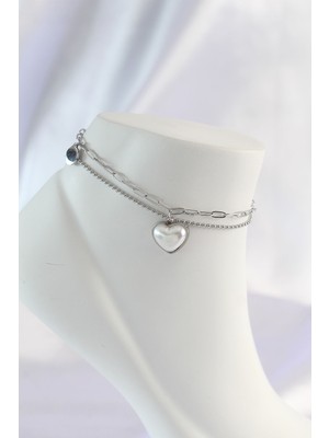 Azrlya 316L Çelik Gümüş Renk Beyaz Kalpli 2li Halhal - TJ-HH1585