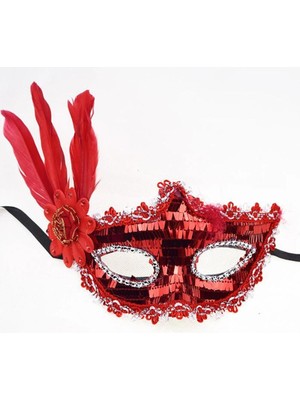 Azrlya Kırmızı Payetli Pullu Kırmızı Renk Yandan Tüylü Parti Maskesi 18X22 cm