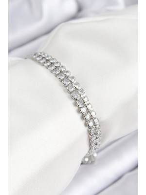 Azrlya Pirinç Zirkon Taşlı Çift Sıra Model Gümüş Renk Asansörlü Kadın Bileklik - TJ-BB7738