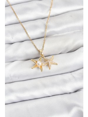 Azrlya 316L Çelik Zincir Gold Renk Deniz Yıldızı Model Zirkon Taşlı Kadın Kolye - TJ-BKO10907