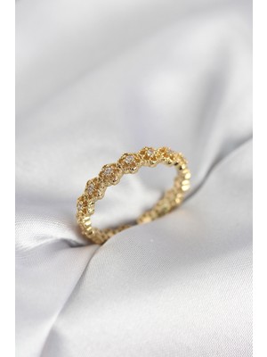 Azrlya Sıralı Çiçek Model Gold Renk Zirkon Taşlı Kadın Yüzük - TJ-BYK4157