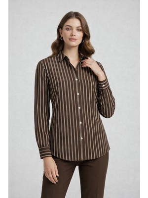 Rosa By Belle Kadın Kahverengi Çizgili Gömlek Uzun Kollu Düğmeli Klasik Yaka 17344