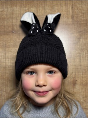 Mollycrush Fiyonk Detaylı Tavşan Kulaklı Kız Çocuk Örgü Bere - Içi Polarlı Yumuşak Dokulu Şapka