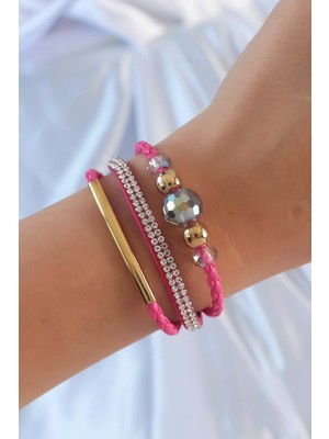 Azrlya Pembe Renk Zirkon Taşlı Deri Çoklu Bileklik - TJ-BB6352