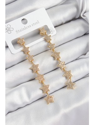 Azrlya Pirinç Zirkon Taşlı Sallantılı Yıldız Model Gold Renk Kadın Küpe - TJ-BKP10912