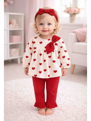 Mini Cayzen Baby Kız Bebek Kalpli Fiyonklu Bandana 3'lü Takımı