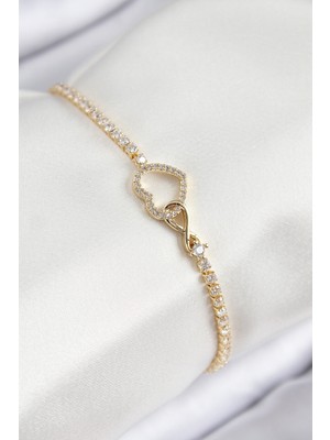 Azrlya Pirinç Zirkon Taşlı Sonsuzluk Kalp Model Gold Renk Kadın Bileklik - TJ-BB7693
