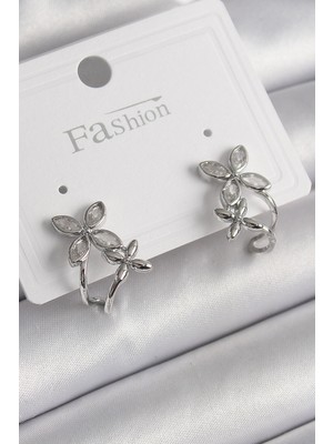 Azrlya Pirinç Gümüş Renk Zirkon Taşlı 2'li Çiçek Model Kadın Küpe - TJ-BKP9962