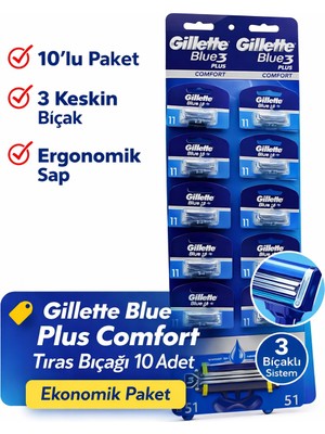 Tuba Toptaş Gillette Blue 3 Plus Comfort Tıraş Bıçağı 10 Adet – 3 Bıçaklı Ergonomik Saplı Erkek Tıraş Bıçağı Seti