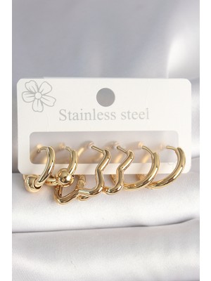 Azrlya 316L Çelik Gold Renk Yıldız Halka Model Kadın Küpe Seti - TJ-BKP10388