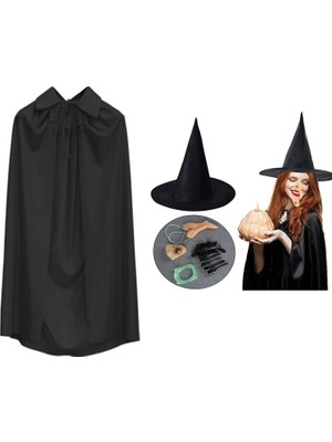 Azrlya Cadı Kostüm Seti 6 Parça - Şapka Pelerin Diş Tırnaklar Çene ve Burun