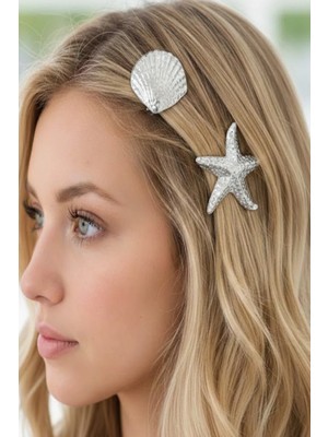 Caş Dekorasyon 2'li Gümüş Renk Yıldız ve Deniz Kabuğu Şekil Yan Toka