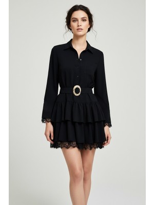 Rosa By Belle Kadın Siyah Kemerli Volanlı Dantel Detaylı Mini Elbise 35518