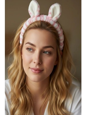 Caş Dekorasyon Beyaz ve Pembe Renk Kulaklı Peluş Saç Bandı