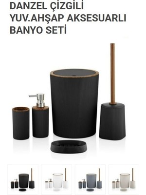 Banyo Seti, Danzel Yuvarlak, Ahşap Aksesuarlı, Pvc, 5'li (5l Kapaklı Çöp Kovası+Diş Fırçalık+Sabunlukx2+Wc Fırçalık), 351