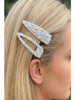 Caş Dekorasyon Gümüş Renk Hologram Taşlı Ikili Yan Toka