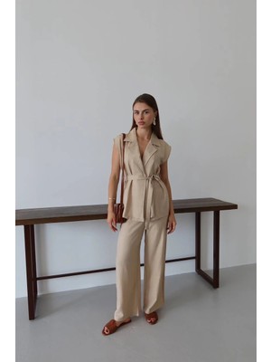 Virtustore Keten Yelek Pantolon Takım Bej Pt