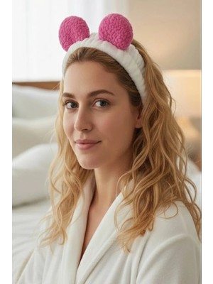 Caş Dekorasyon Beyaz ve Pembe Renk Kulaklı Peluş Saç Bandı