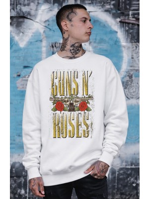 Fuddy Moda Unisex Oversize Vintage Guns N Roses Baskılı Bisiklet Yaka Kapüşonsuz Sweatshirt