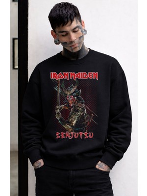 Fuddy Moda Unisex Oversize Iron Maiden Senjutsu Baskılı Bisiklet Yaka Kapüşonsuz Sweatshirt