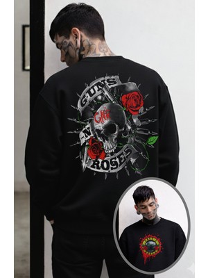 Fuddy Moda Unisex Oversize Gnr Guns N Roses Sırt Baskılı Bisiklet Yaka Kapüşonsuz Sweatshirt