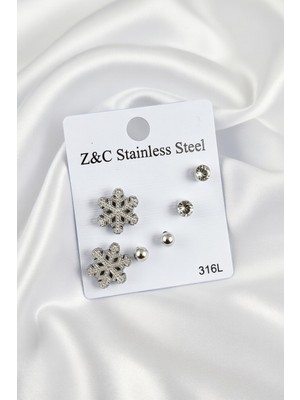 Jade'm Gold Jadem Gold 316L Paslanmaz Çelik Zirkon Taşlı Kar Tanesi Model Kadın Set Küpe