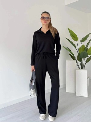 Virtustore Polo Yaka Alt Üst Kollu Modal Takım Siyah Pt