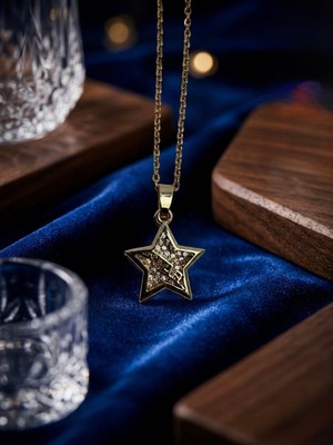 Meneva Aksesuar Açılır-Kapanır Çift Yıldız Altın Gold Renk Çelik Kolye