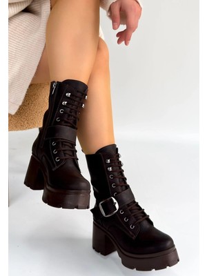 Virtustore Linma Acı Kahve Cilt Bağcıklı Topuklu Bot