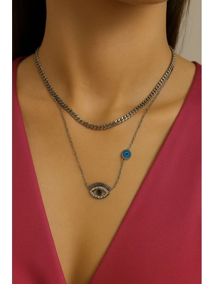 Çelik Kararma Yapmaz Göz Figürlü Nazar Boncuklu Silver Kolye