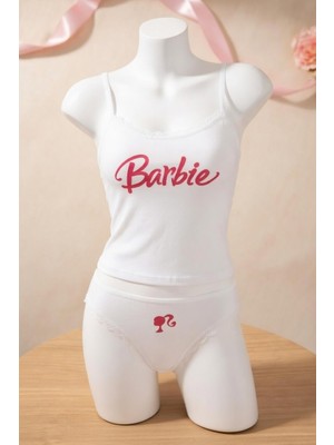  pembe barbie desenli beyaz body ve dantelli külot takımı