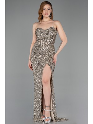 Abiyefon Yırtmaçlı Göğüs Drapeli Uzun Pullu Abiye Elbise ABU4842