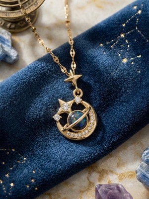 Meneva Aksesuar Zirkon Taşlı Satürn Yıldız Figürlü Altın Gold Renk Çelik Kolye