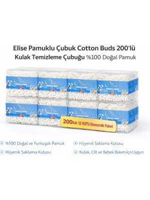 Tuba Toptaş Elise Pamuklu Çubuk Cotton Buds 200’LÜ Kulak Temizleme Çubuğu Doğal Pamuk 12 Paket