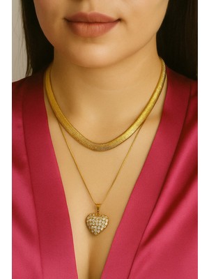 1. Sınıf Çelik Kararma Yapmaz Gold Kalp Taşlı Kolye – Zarif Kadın Aksesuarı