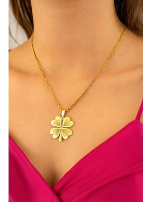 316L Çelik Kararma Yapmaz Altın Kaplama Büyük Yonca Kadın Kolye 60CM