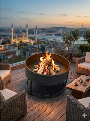 Yirmiyedi 🔥 Yuvarlak Demir Ateş Çukuru – Odun Hazneli | Kamp Bahçe & Teras Şöminesi